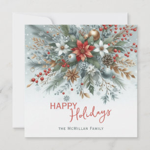 Classy Dark Red Teal Blue Green Floral Wreath Holiday Card