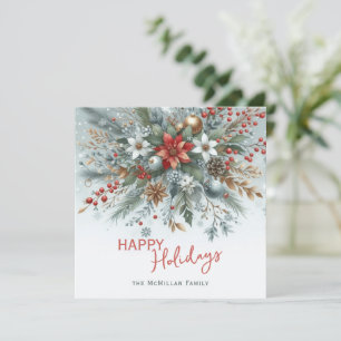 Classy Dark Red Teal Blue Green Floral Wreath Holiday Card