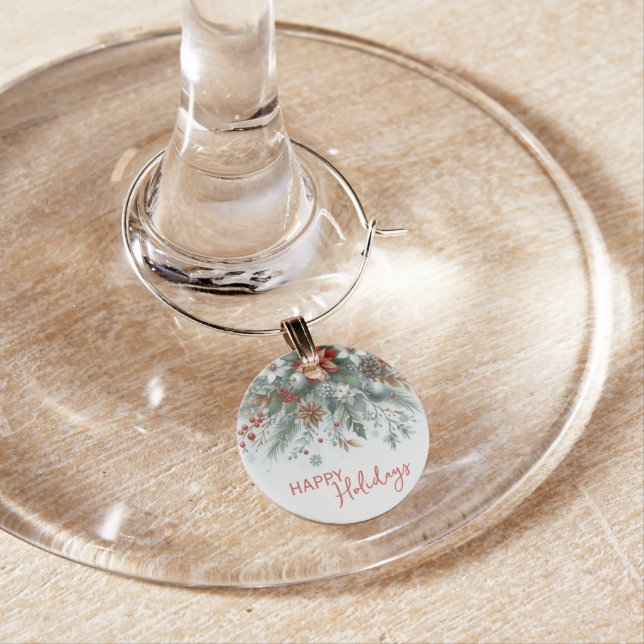 Classy Dark Red Teal Blue Green Floral Wreath Wine Charm (In Situ)