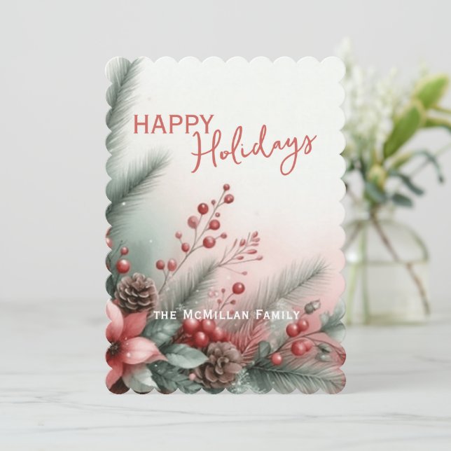 Classy Dark Red Teal Green Floral Holiday Wreath Card (Standing Front)