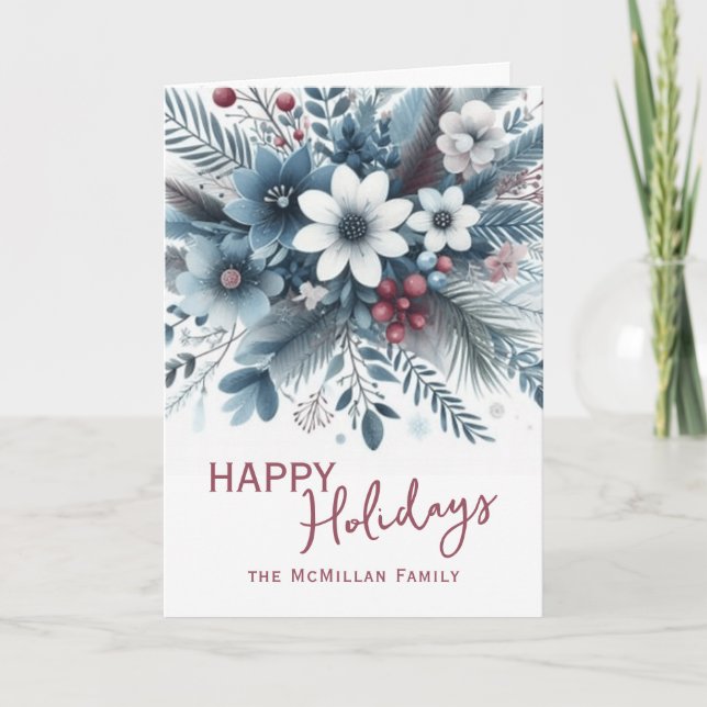 Classy Dark Teal Blue Red Floral Holiday Wreath Card (Front)