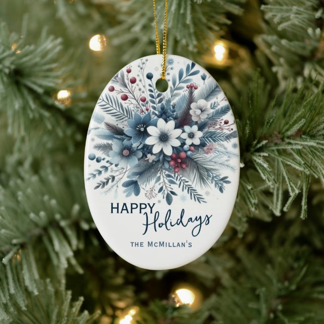 Classy Dark Teal Blue Red Floral Holiday Wreath Ceramic Ornament (Tree)