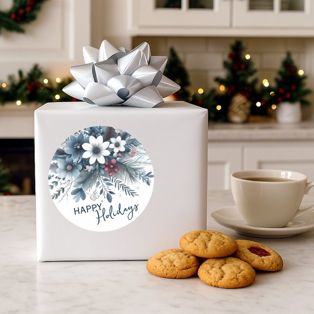 Classy Dark Teal Blue Red Floral Holiday Wreath Classic Round Sticker (Creator Uploaded)