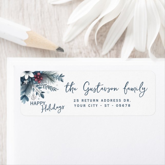 Classy Dark Teal Blue Red Floral Holiday Wreath Label (Insitu)