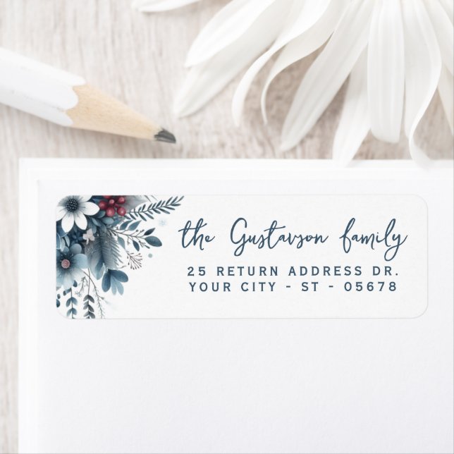 Classy Dark Teal Blue Red Floral Holiday Wreath Label (Insitu)