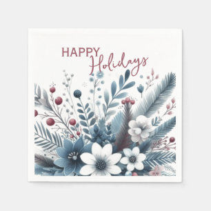 Classy Dark Teal Blue Red Floral Holiday Wreath Napkins