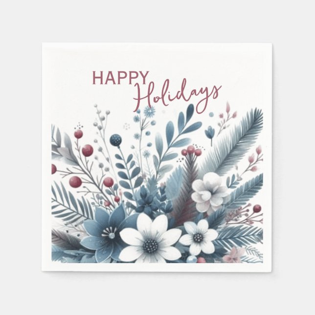 Classy Dark Teal Blue Red Floral Holiday Wreath Napkins (Front)