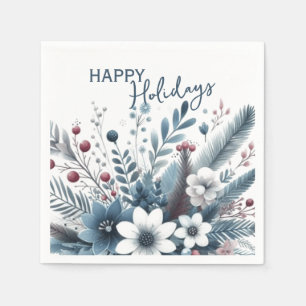 Classy Dark Teal Blue Red Floral Holiday Wreath Napkins