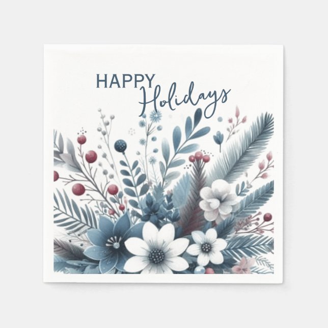 Classy Dark Teal Blue Red Floral Holiday Wreath Napkins (Front)