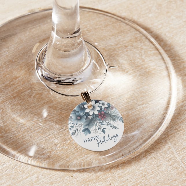 Classy Dark Teal Blue Red Floral Holiday Wreath Wine Charm (In Situ)