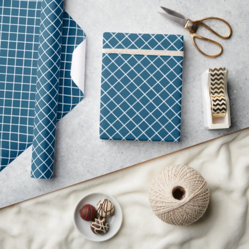 Classy Dark Teal Blue White Check Pattern Wrapping Paper