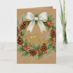 Classy December Wreath White Bow Watercolor Gold Foil Holiday Card