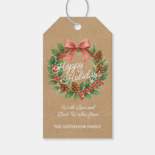 Classy December Wreath With Pink Bow Watercolor Gift Tags