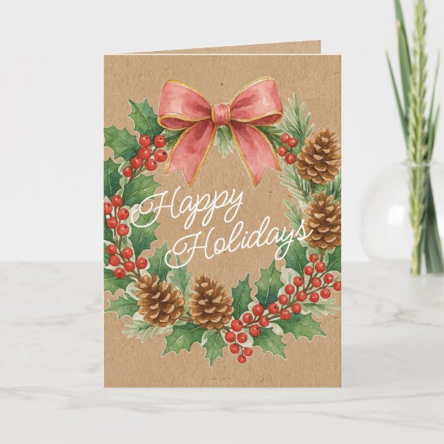 Classy December Wreath With Pink Bow Watercolor Holiday Card (Front)