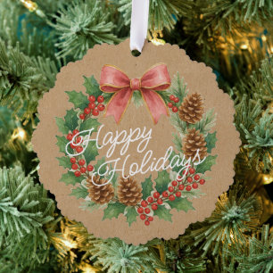 Classy December Wreath With Pink Bow Watercolor Ornament Card