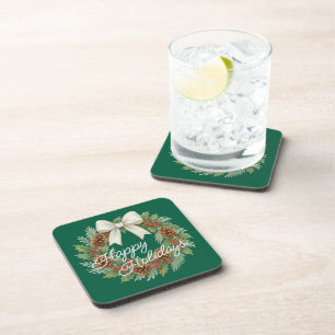 Classy December Wreath With White Bow Holiday Beverage Coaster