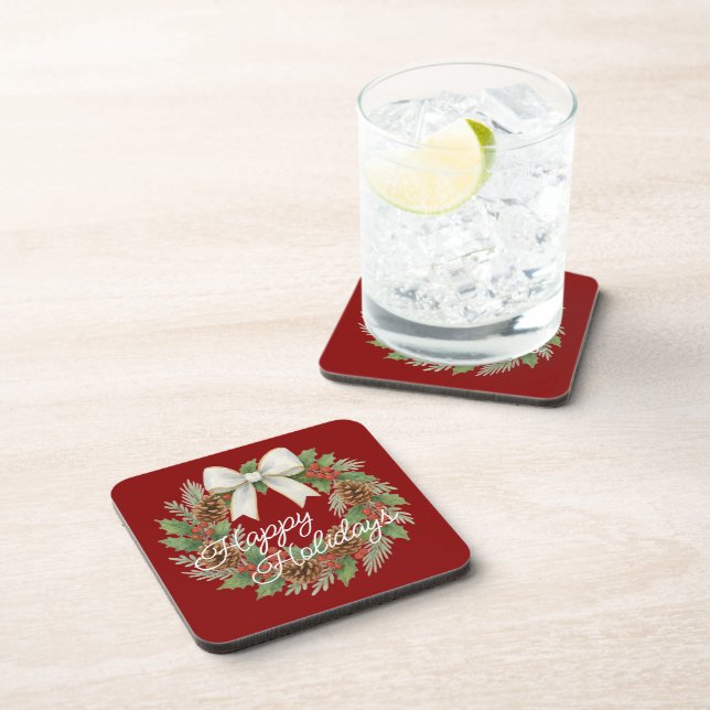 Classy December Wreath With White Bow Holiday Beverage Coaster (Right Side)