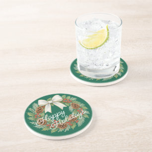Classy December Wreath With White Bow Holiday Coaster