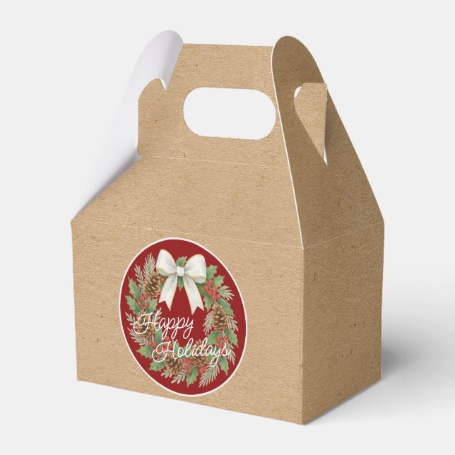Classy December Wreath With White Bow Holiday Favor Boxes (Front Side)