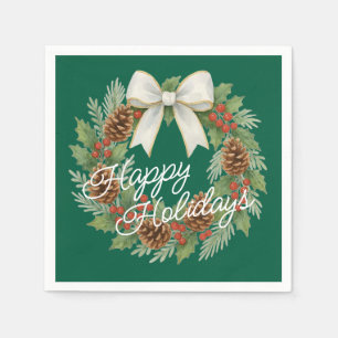 Classy December Wreath With White Bow Holiday Napkins