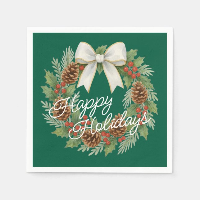 Classy December Wreath With White Bow Holiday Napkins (Front)