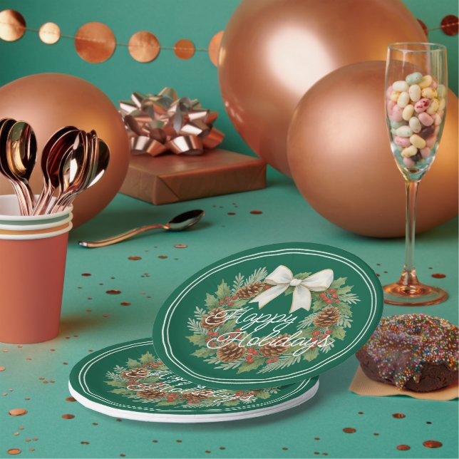 Classy December Wreath With White Bow Holiday Paper Plates (Multi)