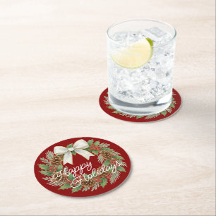 Classy December Wreath With White Bow Holiday Round Paper Coaster