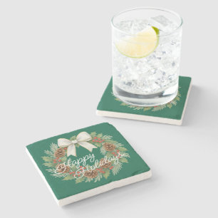 Classy December Wreath With White Bow Holiday Stone Coaster