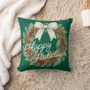 Classy December Wreath With White Bow Holiday Throw Pillow