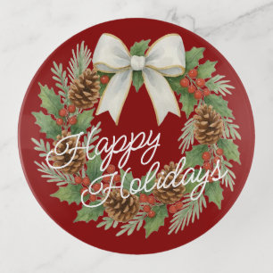 Classy December Wreath With White Bow Holiday Trinket Tray