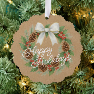 Classy December Wreath With White Bow Watercolor Ornament Card