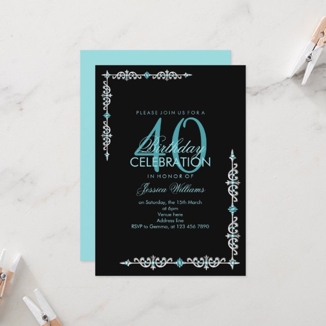 Classy Decorative Aqua Gem Birthday Invitation (Front/Back In Situ)