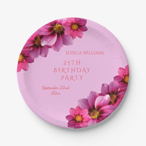 Classy Decorative Corner Dahlias 25th Birthday Paper Plates