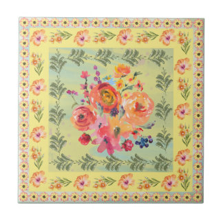 Classy decorative dusty watercolor floral Yellow Ceramic Tile