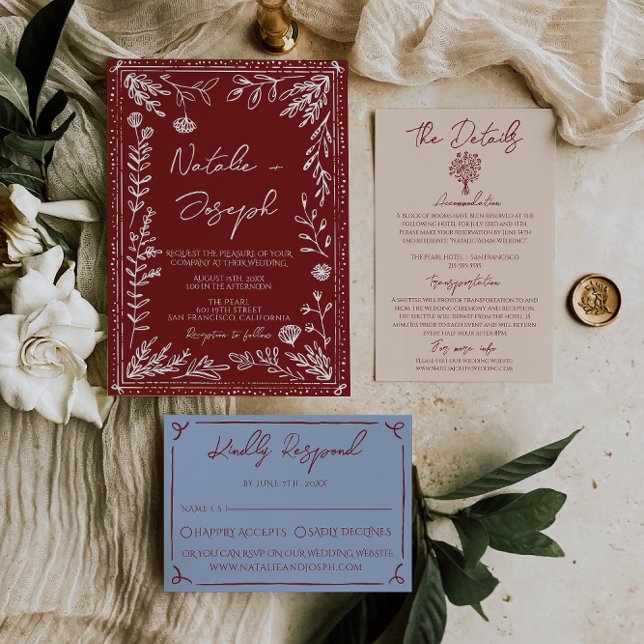 Classy Deep Red Blue Floral Modern Wedding Invitation (Creator Uploaded)