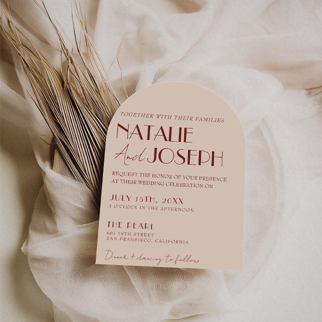 Classy Deep Red Blue Whimsical Modern Arch Wedding Invitation (Creator Uploaded)