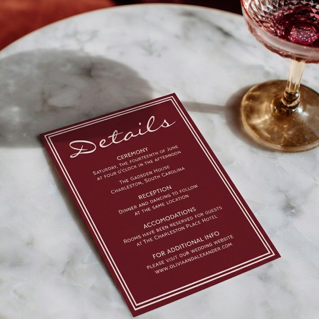 Classy Deep Red Cream Fancy Chic Wedding Details Enclosure Card (Creator Uploaded)
