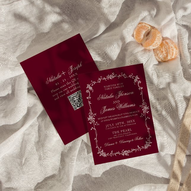 Classy Deep Red Floral Old Money QR Code Wedding Invitation (Creator Uploaded)
