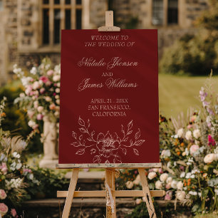Classy Deep Red Pink Floral Boho Wedding Welcome Foam Board