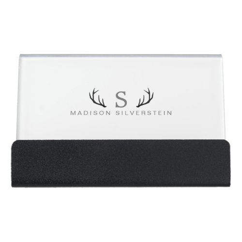 Classy Deer Antlers Gray Monogram Desk Business Card Holder