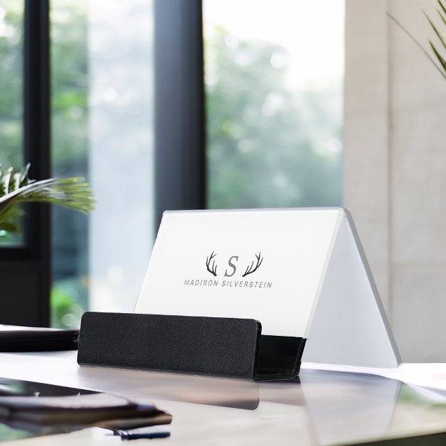 Classy Deer Antlers Gray Monogram Desk Business Card Holder (Classy Deer Antlers Gray Monogram Desk Business Card Holder)