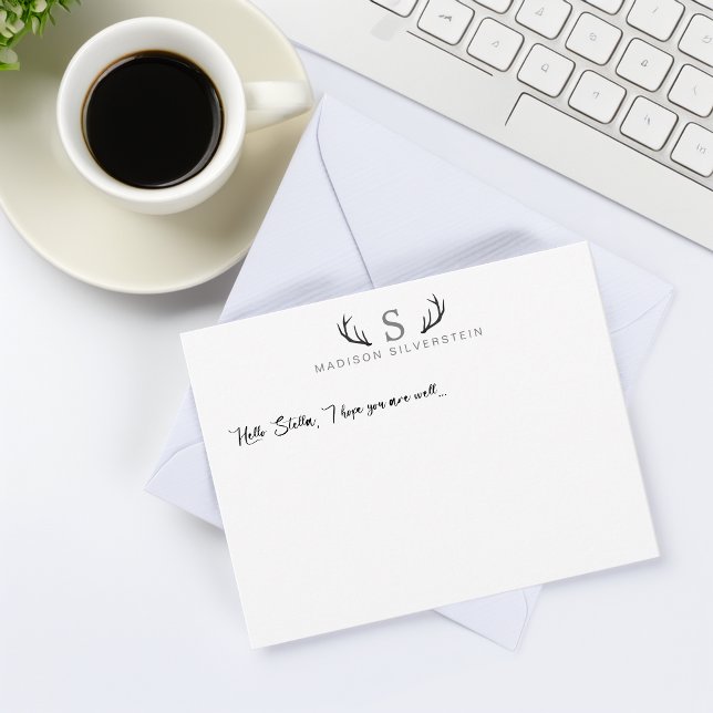 Classy Deer Antlers Gray Monogram Note Card (Classy Deer Antlers Gray Monogram Note Card)