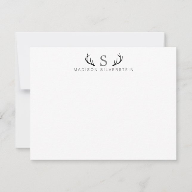 Classy Deer Antlers Gray Monogram Note Card (Front)