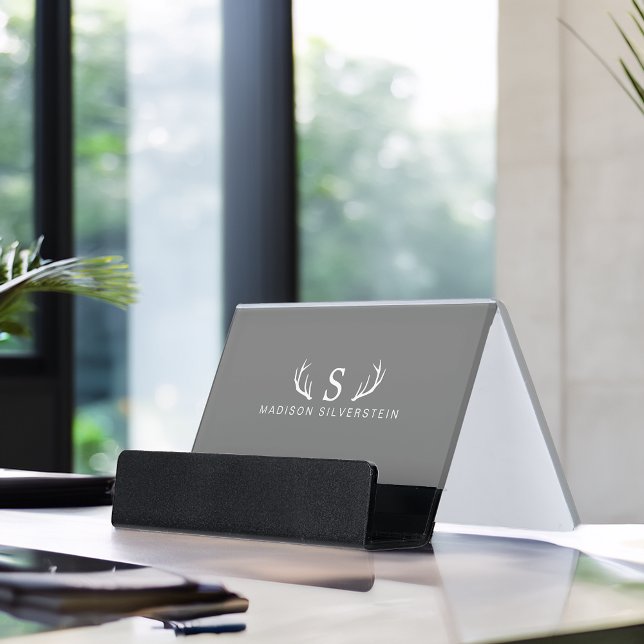 Classy Deer Antlers Monogram Desk Business Card Holder (Classy Deer Antlers Gray Monogram Desk Business Card Holder)