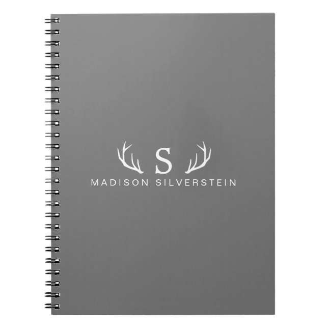 Classy Deer Antlers Monogram Gray Notebook (Front)