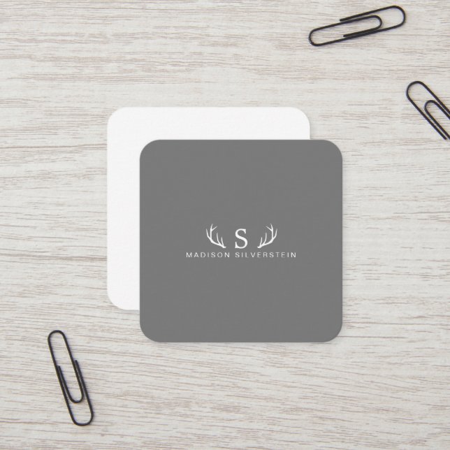 Classy Deer Antlers Monogram Gray Square Business Card (Front/Back In Situ)