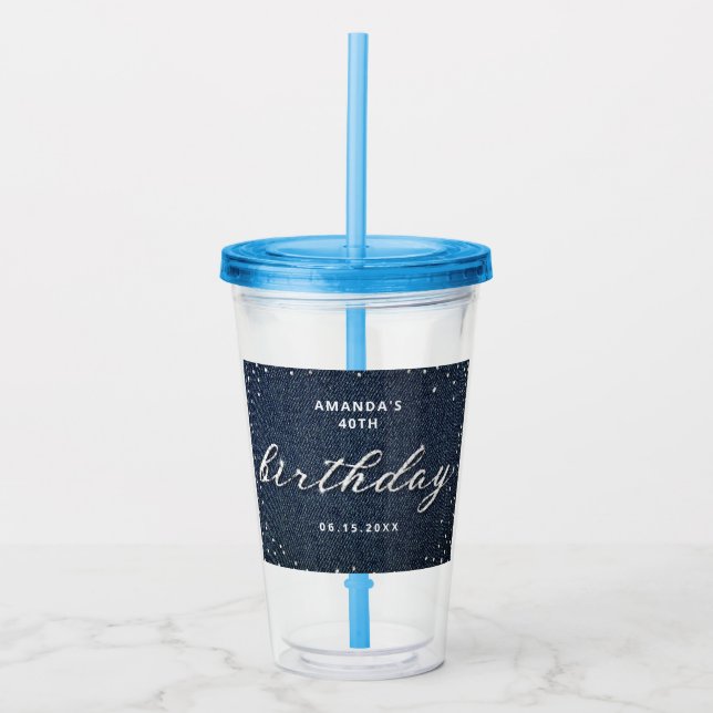 Classy Denim Diamonds Any Age Chic Birthday Party Acrylic Tumbler (Front)