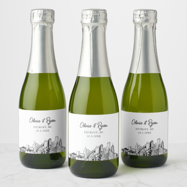 Classy Detroit Wedding Favor Custom Mini  Sparkling Wine Label (Bottles)