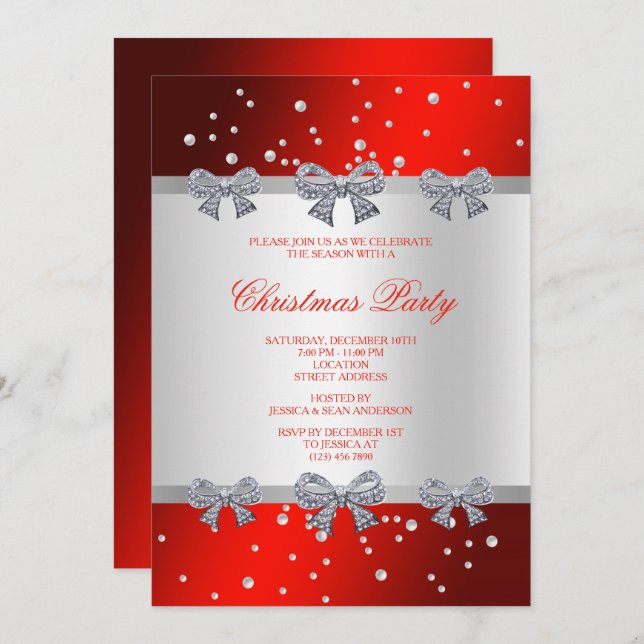 Classy Diamond Bows & Pearls Christmas Invitation (Front/Back)