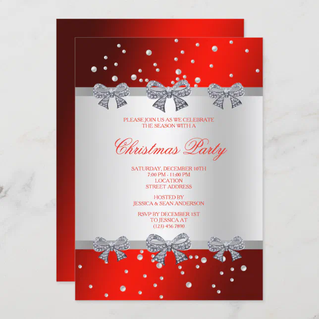 Classy Diamond Bows & Pearls Christmas Invitation | Zazzle